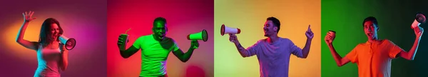 Collage con ritratti di diversi modelli multietnici maschili e femminili su sfondo multicolore in luce al neon. Concetto di emozioni, vendite, notizie, annunci — Foto Stock