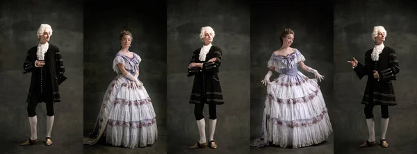 Średniowieczni ludzie jako członkowie rodziny królewskiej w zabytkowej odzieży, udający dumnych i pewnych siebie na ciemnym tle. Koncepcja porównywania epok — Zdjęcie stockowe