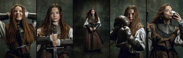 Photoset feito de retratos vintage de mulher jovem, guerreira medieval ou cavaleiro com rosto sujo ferido olhando para a câmera isolada sobre fundo retro escuro. — Fotografia de Stock