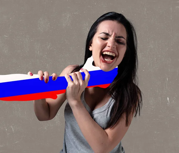 Collage de arte contemporáneo. Bandera rusa mano llegar asustadiza chica simbolizando invasión rusa contra Ucrania —  Fotos de Stock