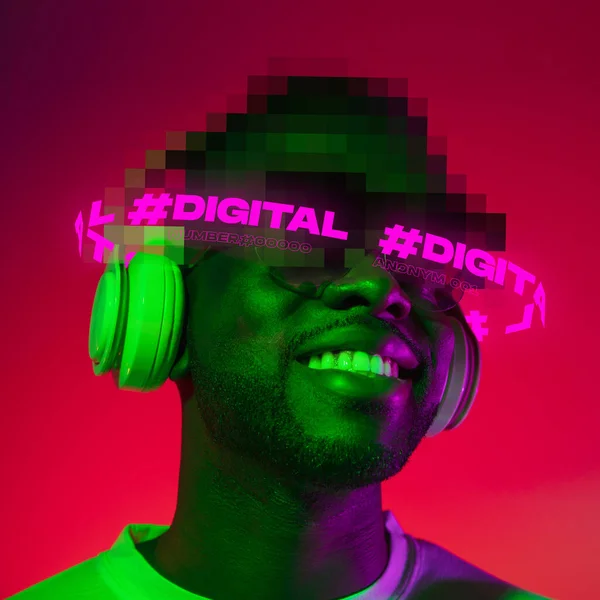 Contemporay artwork. African man with pixel head parts listening to music in headphones isolated over red background in green neon — Stock Photo, Image