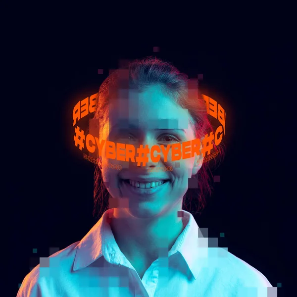 Contemporary art. Young smiling girl with pixel head elements and neon lettering around isolated over dark background in neon — Stock Photo, Image