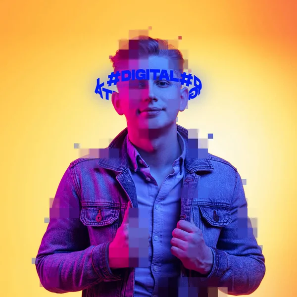 Contemporary artwork. Young stylish man with pixel body elements and neon lettering around head isolated over yellow background — Stock Photo, Image