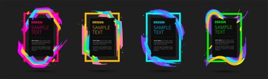 Metin ve fotoğraflar için neon vektör çerçeveleri kümesi. Yaratıcı modern sanat grafikleri, şık siyah arkaplan. Vektör illüstrasyonu
