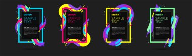 Metin ve fotoğraflar için neon vektör çerçeveleri kümesi. Yaratıcı modern sanat grafikleri, şık siyah arkaplan. Vektör illüstrasyonu