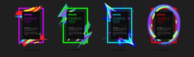 Metin ve fotoğraflar için neon vektör çerçeveleri kümesi. Yaratıcı modern sanat grafikleri, şık siyah arkaplan. Vektör illüstrasyonu