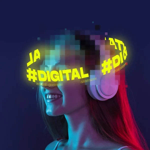 Contemporary art. Young smiling woman with pixel head elements and neon lettering around listening to music in headphones over dark blue background — Stock Photo, Image