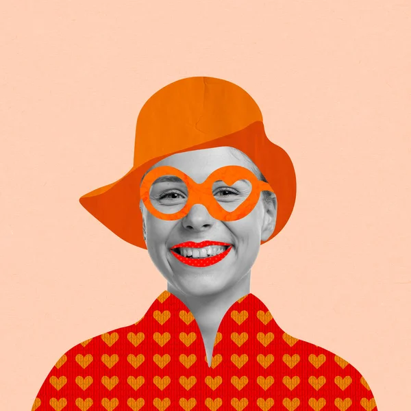 Současné umělecké dílo. Barevný světlý design. Veselá stylová žena s oranžovou tkaninou a doplňky prvky izolované přes broskvové pozadí — Stock fotografie