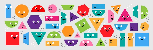 Vector set of multi colored geometric shapes. Funny comic cute characters and doodles. Cartoon background, design — Stock Vector
