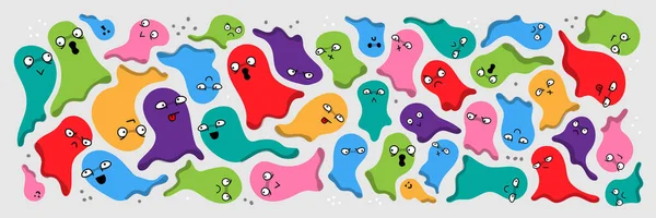 Conjunto vetorial de formas multicoloridas, fantasmas. Personagens engraçados engraçados e doodles. Desenhos animados fundo, projeto — Vetor de Stock