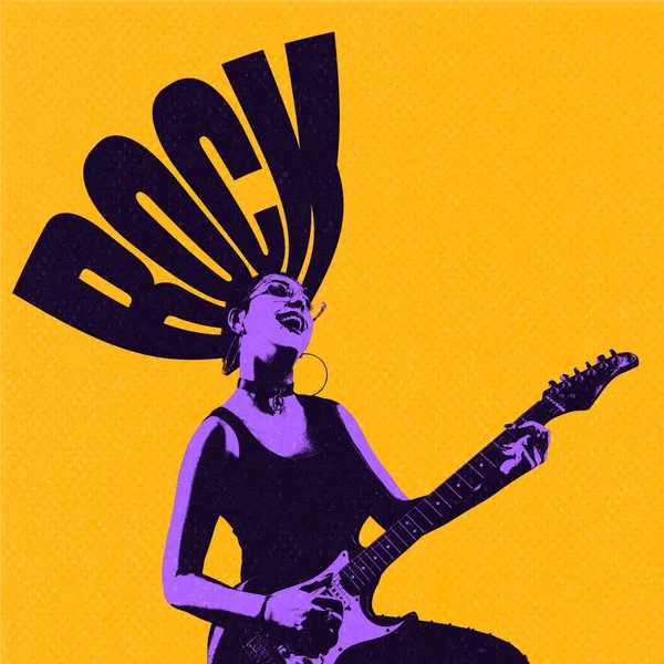 Arte desenhada colorida. Emotivo jovem tocando guitarra, realizando no concerto de rock, festa isolada sobre fundo laranja — Fotografia de Stock