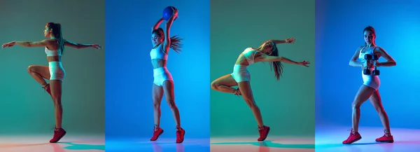 Set of portraits of sportive woman doing exercises with sports equipment isolated on dark background in neon light. Sport, action, fitness, youth concept. — Stock Photo, Image