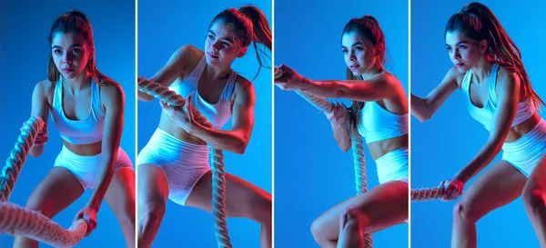 Set of close-up portraits of sportive girl doing exercises with sports equipment isolated on blue studio background in neon light. — Stock Photo, Image