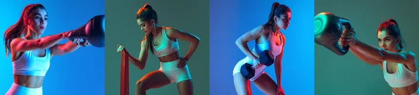 Набор портретов спортивной женщины, делающей упражнения со спортивным инвентарем на синем и зеленом фоне в неоновом свете. Концепция спорта, активности, фитнеса. — стоковое фото