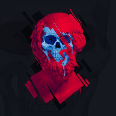 Çağdaş sanat kolajı. Fikirler, ilham, sihir. Renkli kafatası olan kompozisyon antik heykel büstünün yüzü, kafa. Cadılar Bayramı kavramı