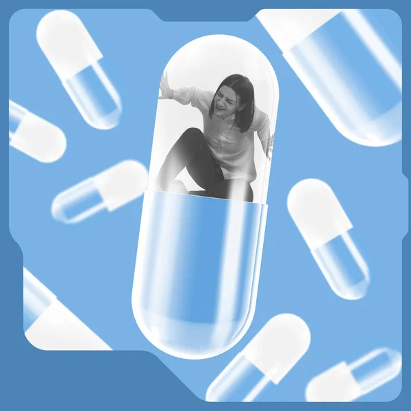 Collage de arte contemporáneo. Una joven sentada dentro de una píldora gigante. tener dolores menstruales, sufrimiento aislado sobre fondo azul — Foto de Stock