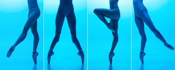Коллаж. Сильные, стройные, красивые женские ноги в пуантах делают балетные движения изолированными на синем фоне в неоновом свете — стоковое фото