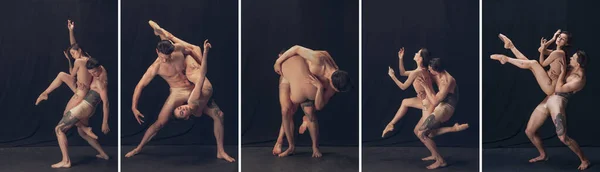 Collage. Jeune homme et femme artistique, danseurs de ballet se produisant, posant isolé sur fond noir — Photo