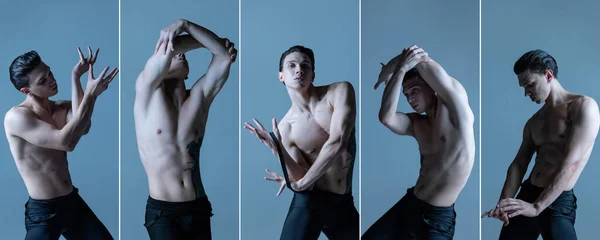 Collage. Portret van sportieve flexibele man, balletdanser optredend, dansen geïsoleerd over blauwe studio achtergrond — Stockfoto