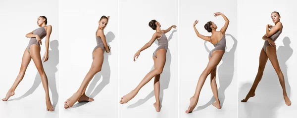Kolaż. Portrety młodej czułej kobiety, balerina w szarym body-suit taniec, pozowanie izolowane nad białym studio backgrround — Zdjęcie stockowe