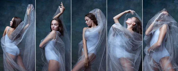 Colagem. Menina bonita nova, bailarina em véu transparente posando, dançando isolado sobre fundo azul — Fotografia de Stock
