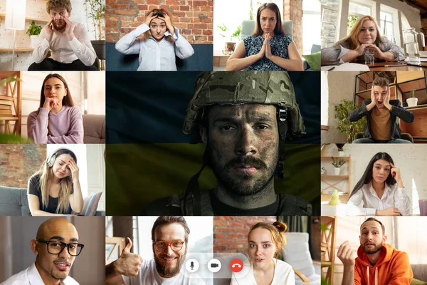 Asker, savaşçı ve savunucu ile çevrimiçi görüşme yapan genç kadın ve erkek resimleriyle kolaj. Grup görüntülü konuşma, video konferansı kullan.