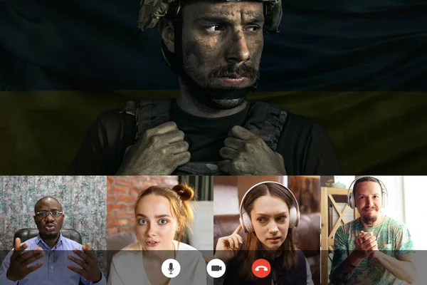 Collage with images of young women and men having online meeting with soldier, warrior, defender. Group video call, use video conference. — Stock Photo, Image