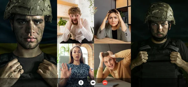 Koláž s obrázky mladých žen a mužů, kteří mají on-line setkání s vojákem, bojovníkem, obráncem. Skupinový video hovor, použít videokonferenci. — Stock fotografie