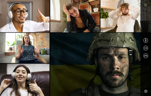 Collage con imágenes de mujeres y hombres jóvenes teniendo encuentro en línea con soldado, guerrero, defensor. Videollamada de grupo, uso de videoconferencia. —  Fotos de Stock