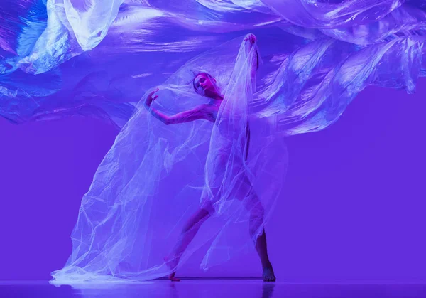 Retrato de bela mulher flexível, bailarina dançando com pano no fundo do estúdio roxo em néon. Moda, estilo, arte, beleza — Fotografia de Stock