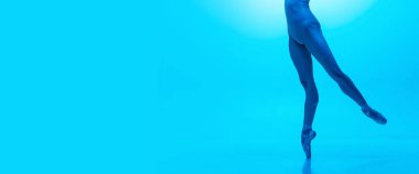 El ilanı. Yakın plan balerinlerin bacakları donanma renklerinde neon renkli stüdyo arka planında izole edilmiş. Sanat, hareket, eylem, esneklik, ilham kavramı.