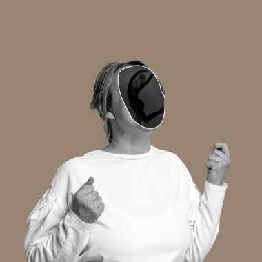 Çağdaş sanat kolajı. Yüzü yerine balerin silueti olan genç bir kızın portresi. Ruh sağlığı kavramı, sosyal sorunlar, çeşitlilik, iç dünya