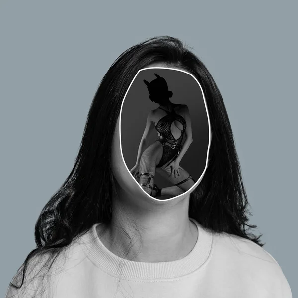 Koláž současného umění s bw portrétem mladé dívky se siluetou rozkošné ženy místo její tváře. Pojem duševní zdraví, práva, sny, vnitřní svět — Stock fotografie