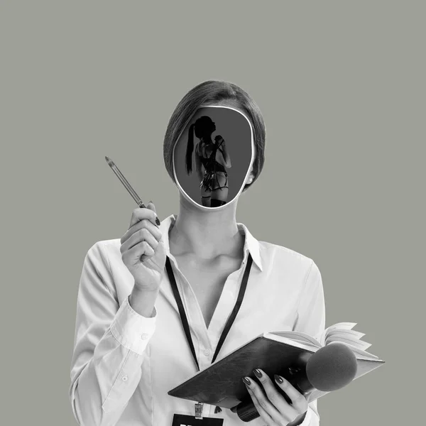 Collage d'arte contemporanea con ritratto bw di giovane ragazza con silhouette di donna adorabile invece il suo volto. Concetto di salute mentale, diritti, sogni, mondo interiore — Foto Stock