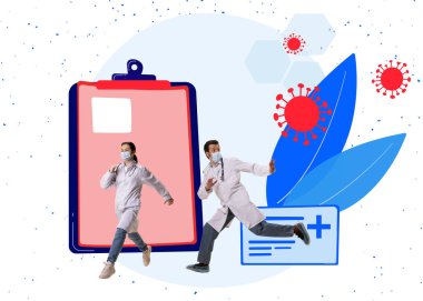 Çağdaş yaratıcı sanat kolajı. Genç doktorlar virüs moleküllerinden kaçıyor. Eczane, ilaç, sağlık hizmetleri kavramı
