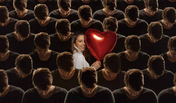 Collage with grey crowd of identical people, men with gadgets, network addiction and special one beautiful young girl with heart shape balloon. — Stock Photo, Image