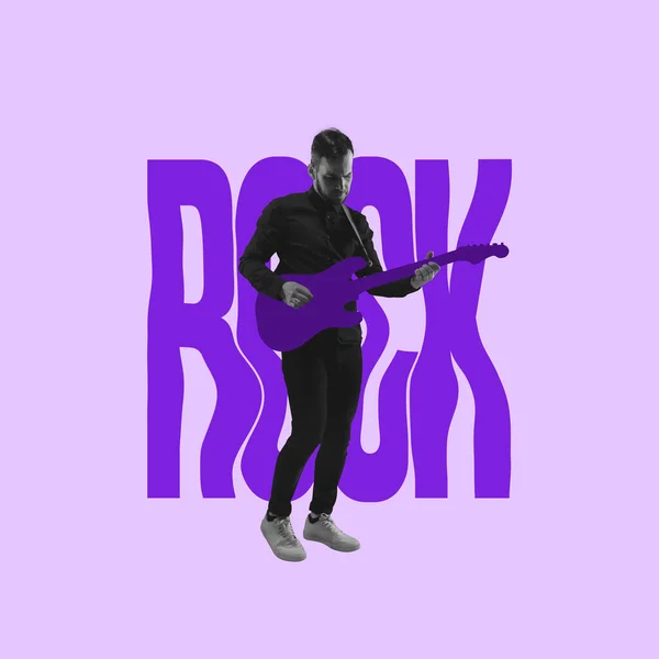 Kolaż. Młody stylowy człowiek gra na gitarze, dając koncert rockowy, występ izolowany na fioletowym tle — Zdjęcie stockowe