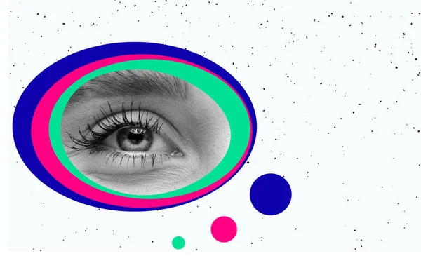 Δημιουργικός σχεδιασμός. Όμορφο γυναικείο μάτι σε πολύχρωμους κύκλους απομονωμένο σε λευκό φόντο — Φωτογραφία Αρχείου