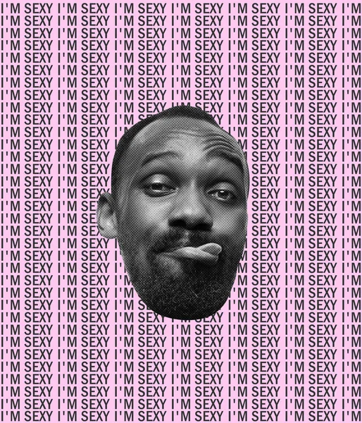 Design creativ, omul african scoțând limba, făcând fețe amuzante izolate pe fundal roz cu litere — Fotografie, imagine de stoc