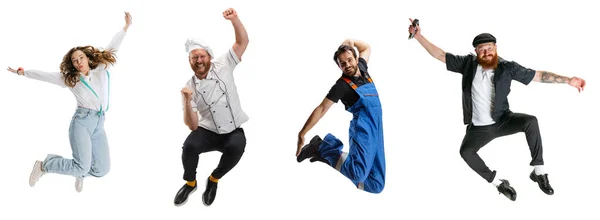 Collage. Des gens joyeux à l'image de couturière, chef, mécanicien et coiffeur sautant, posant isolés sur fond blanc — Photo