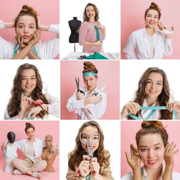 Colagem. Jovem bonita alegre, costureira, costureira trabalhando com tecido, tesoura isolada em fundo branco e rosa — Fotografia de Stock