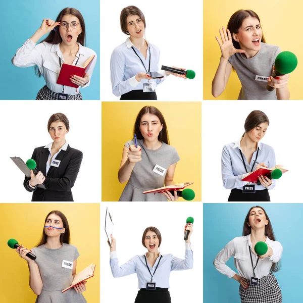 Collage. Portretten van jonge emotionele vrouw in beeld van journalist poseren met microfoon en notebook geïsoleerd over veelkleurige achtergrond — Stockfoto