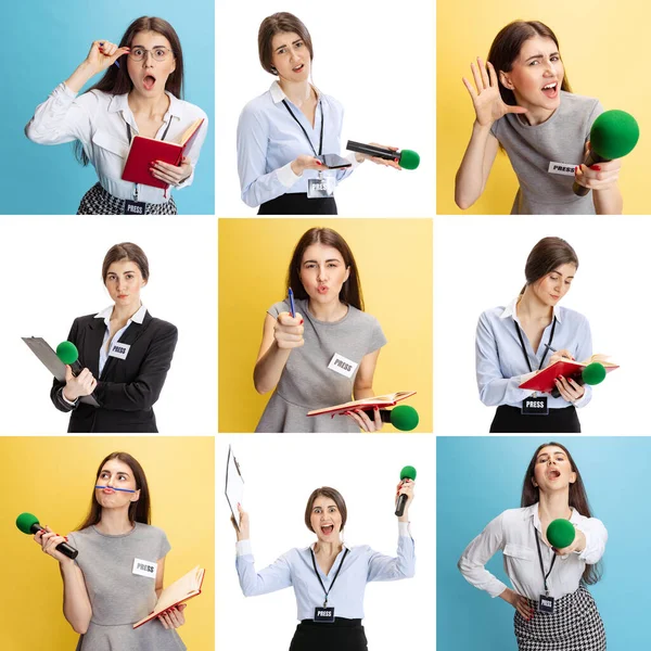 Collage. Retratos de joven mujer emotiva en imagen de periodista posando con micófono y cuaderno aislado sobre fondo multicolor — Foto de Stock