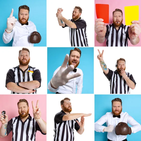 Collage. One young bearded man, soccer or football referee emotionally posing isolated on multicolored studio background — Stock Photo, Image