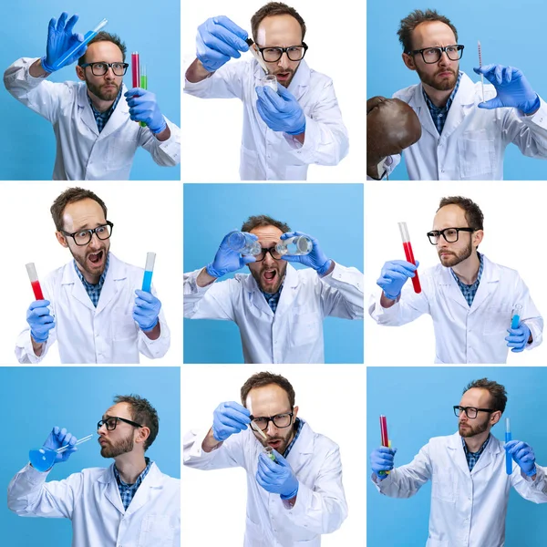 Collage. Retrato de un joven científico, químico o médico que realiza investigación química en el laboratorio farmacéutico —  Fotos de Stock