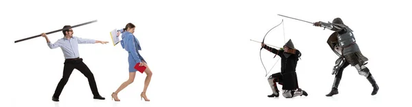Творческий коллаж. Битва между современными офисными работниками и средневековыми рыцарями в бронированной одежде, изолированной на белом фоне. Концепция сравнения эпох — стоковое фото
