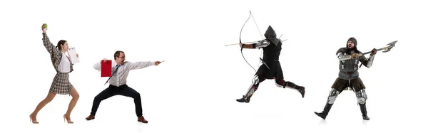 Creative collage. Battle between modern office workers and medieval knights wearing armored clothes isolated on white background. Concept of eras comparison — Stock Photo, Image