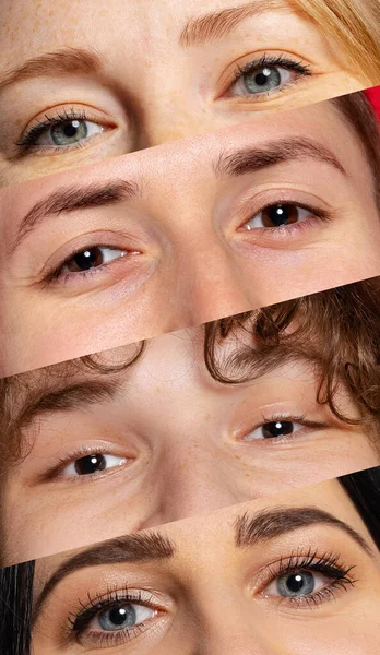 Imagem composta vertical de close-up olhos masculinos e femininos. Conceito de emoções, visão, beleza, arte — Fotografia de Stock