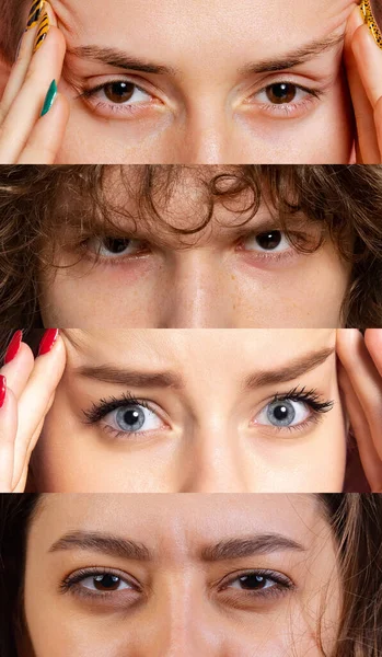 눈을 클로즈업 한 남성 과 여성의 눈의 수직 합성 사진. 감정, 시각, 미, 예술의 개념 — 스톡 사진