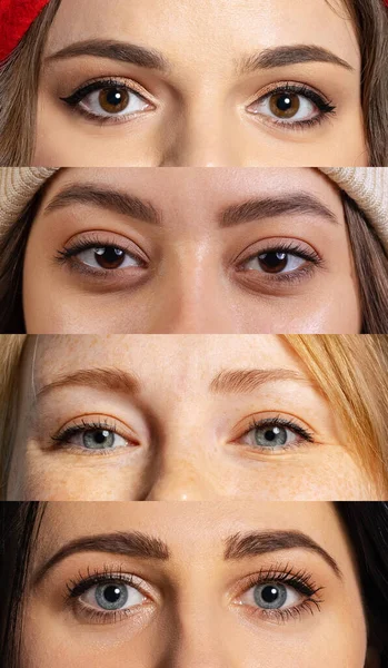 Gambar komposit vertikal mata perempuan close-up dengan riasan. Konsep emosi, visi, keindahan, seni — Stok Foto